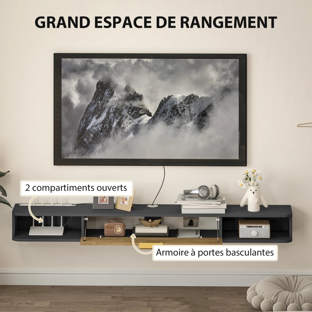 Mobile TV sospeso con ante scorrevoli e scomparti aperti ¨C zephmum ¨C grigio 160x24x16 cm