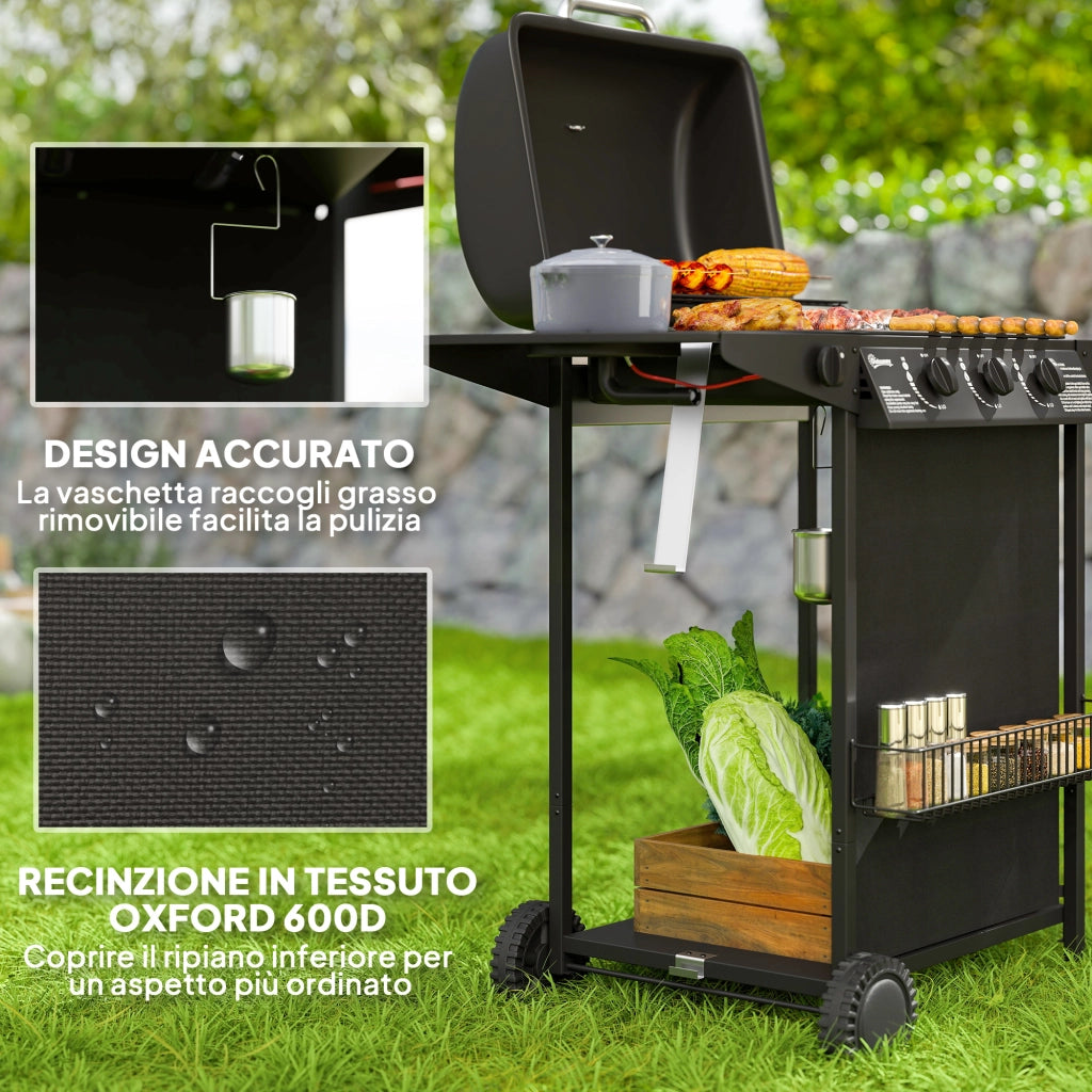Barbecue a Gas 4 Bruciatori con Coperchio e Termometro ¨C zephmum ¨C Nero 108x54x97 cm