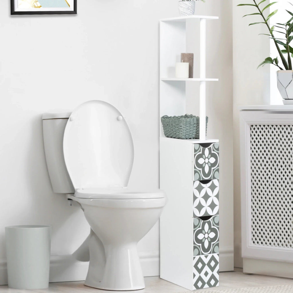 IDMarket - Scaffalatura per toilette a 3 ante in legno bianco con piastrelle in cemento grigio WILLY