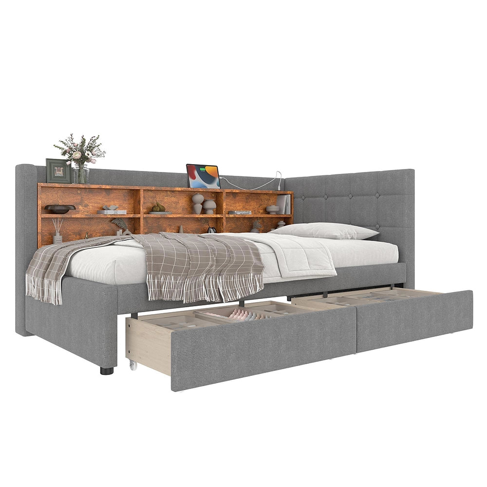 Divano letto 90x200cm?- Xylo - 2 cassetti USB-C lino grigio
