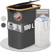 Cesto per rifiuti con 2 contenitori - Materiale in bambù - 100 litri - Grigio