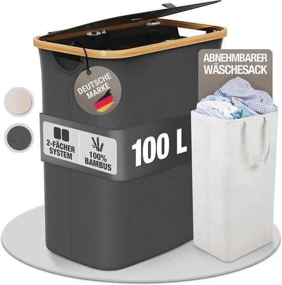 Cesto per rifiuti con 2 contenitori - Materiale in bambù - 100 litri - Grigio