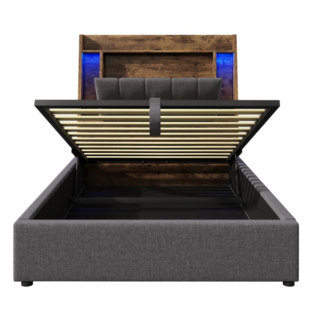 Letto Imbottito con LED e Contenitore ¨C MINIMAL ¨C Grigio, 90x200 cm
