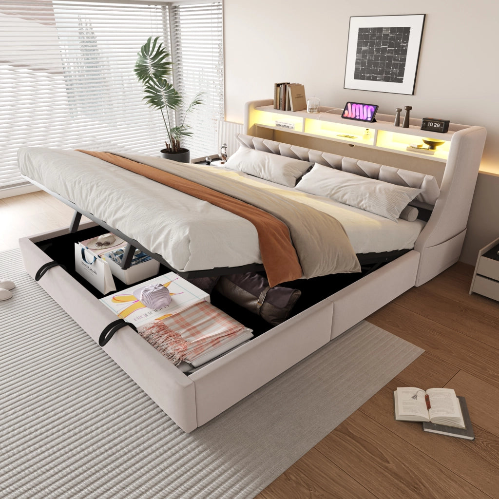LETTO Contenitore 180x200 cm in velluto beige con LED, prese USB e Type-C
