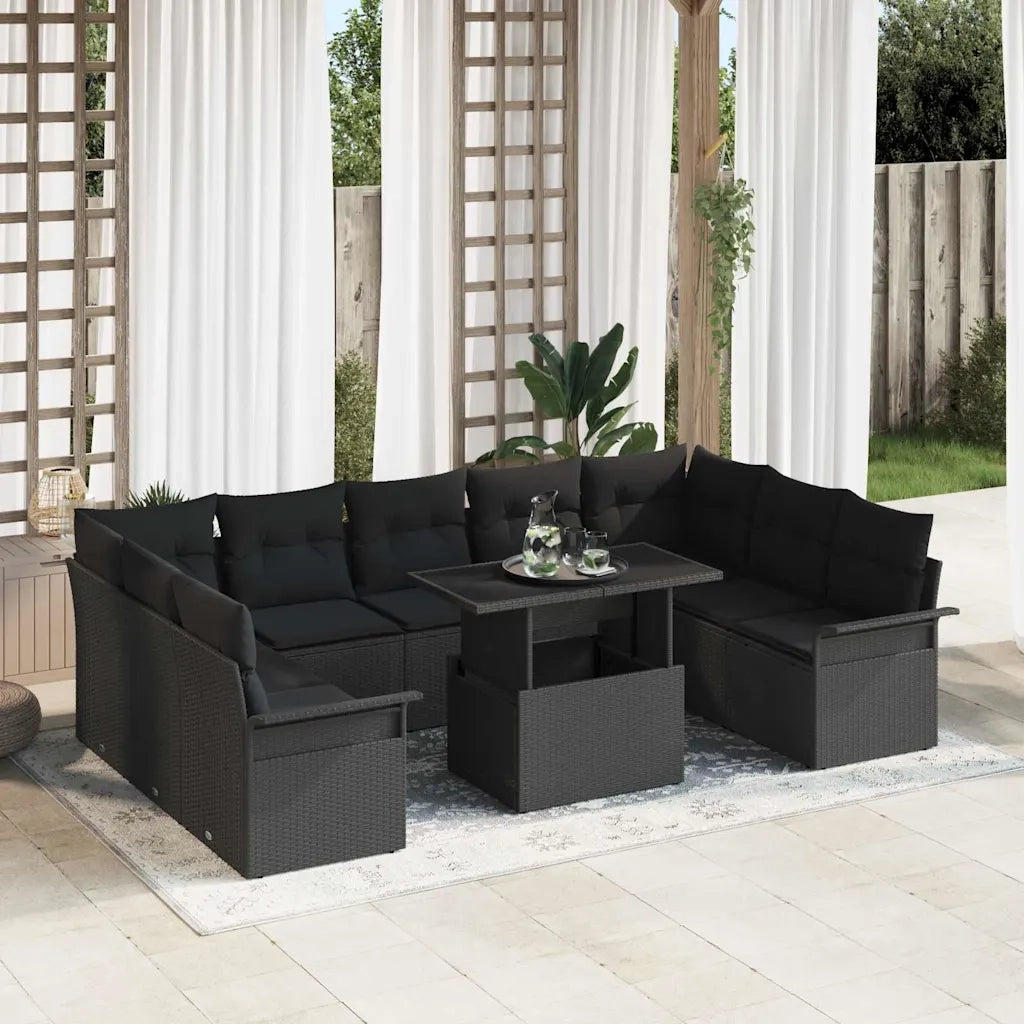 Set Divano da Giardino con cuscino 10 pcs Nero Poly Rattan 3348349
