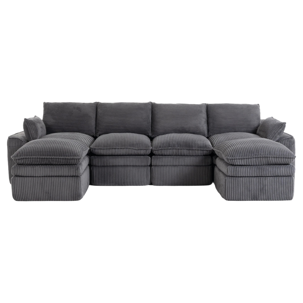 Divano Modulare 4 Posti con 2 Pouf ¨C MINIMAL ¨C Tessuto a Coste, Cuscini, Tasche Laterali, Grigio Scuro