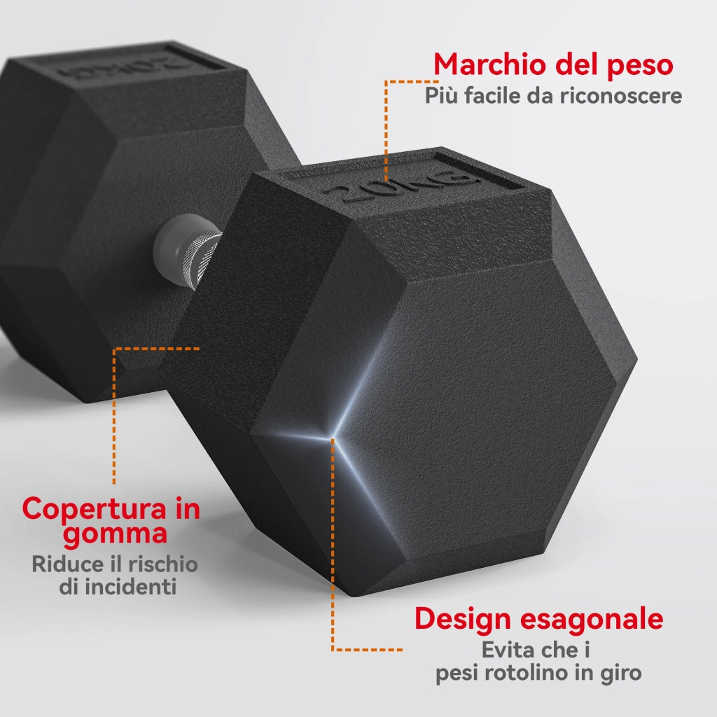 Manubrio Esagonale 20kg ¨C Xylo ¨C Acciaio e Gomma Nero