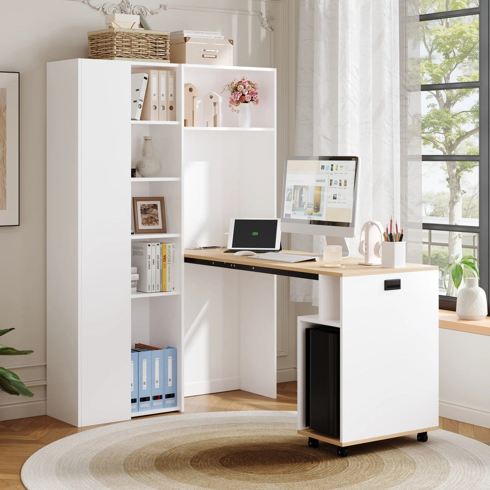 Scrivania Pieghevole con Libreria 2-in-1 ¨C Xylo ¨C Bianca, Ripiani Regolabili, Angolare, Presa USB