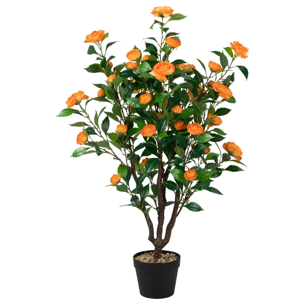 Albero di camelia artificiale in fiore finta con 37 fiori gialli ciottoli di pioggia, Pianta di camelia simulato