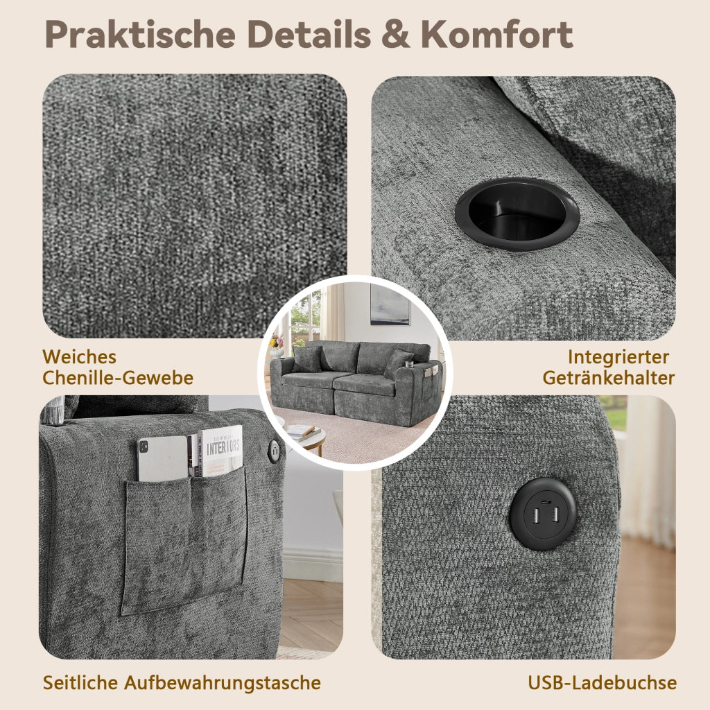 Divano 2 Posti con tasca laterale, portabicchiere, USB e cuscini in Chenille, Grigio