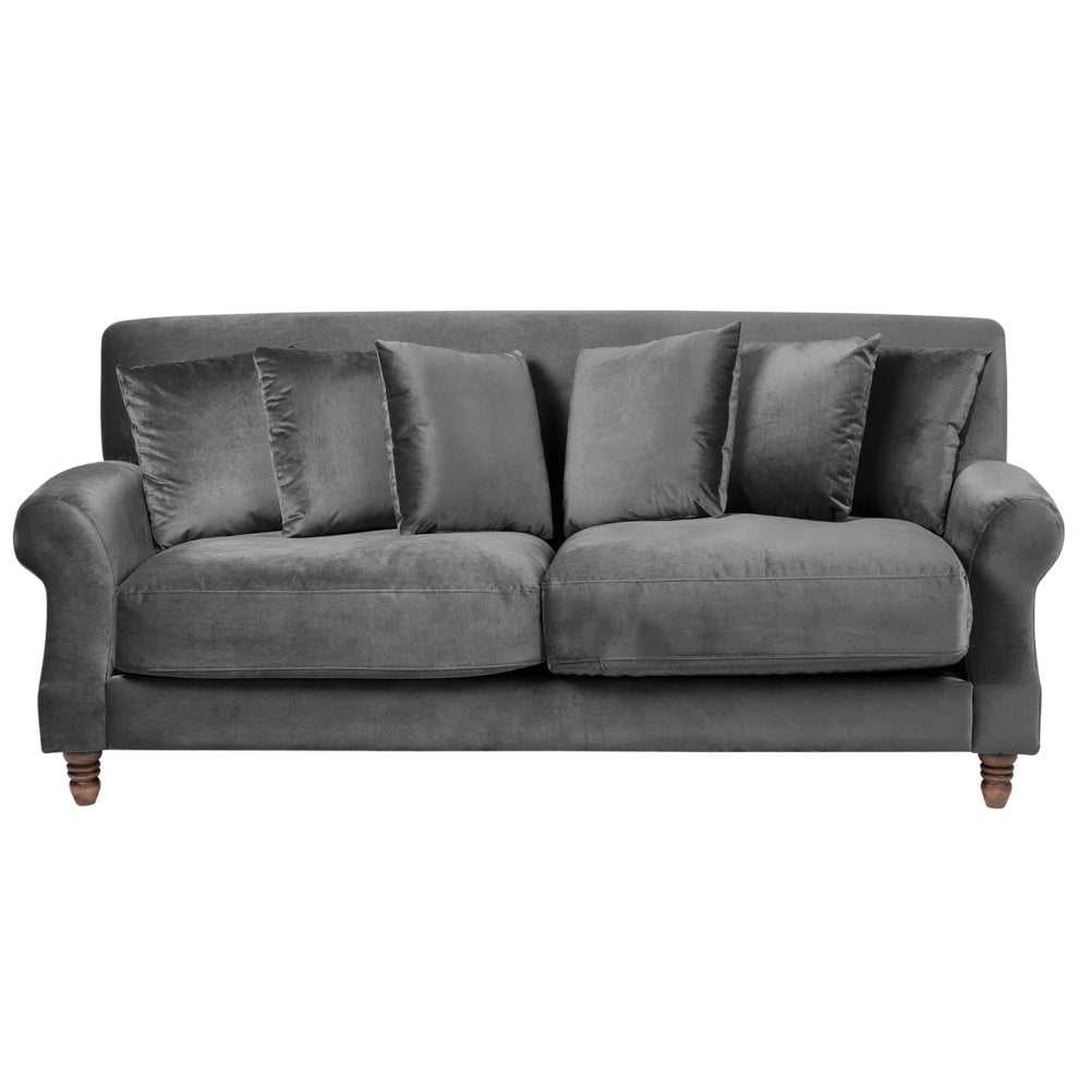 Divano con 6 cuscini Rivestimento in velluto grigio Gambe in legno chiaro 2 posti