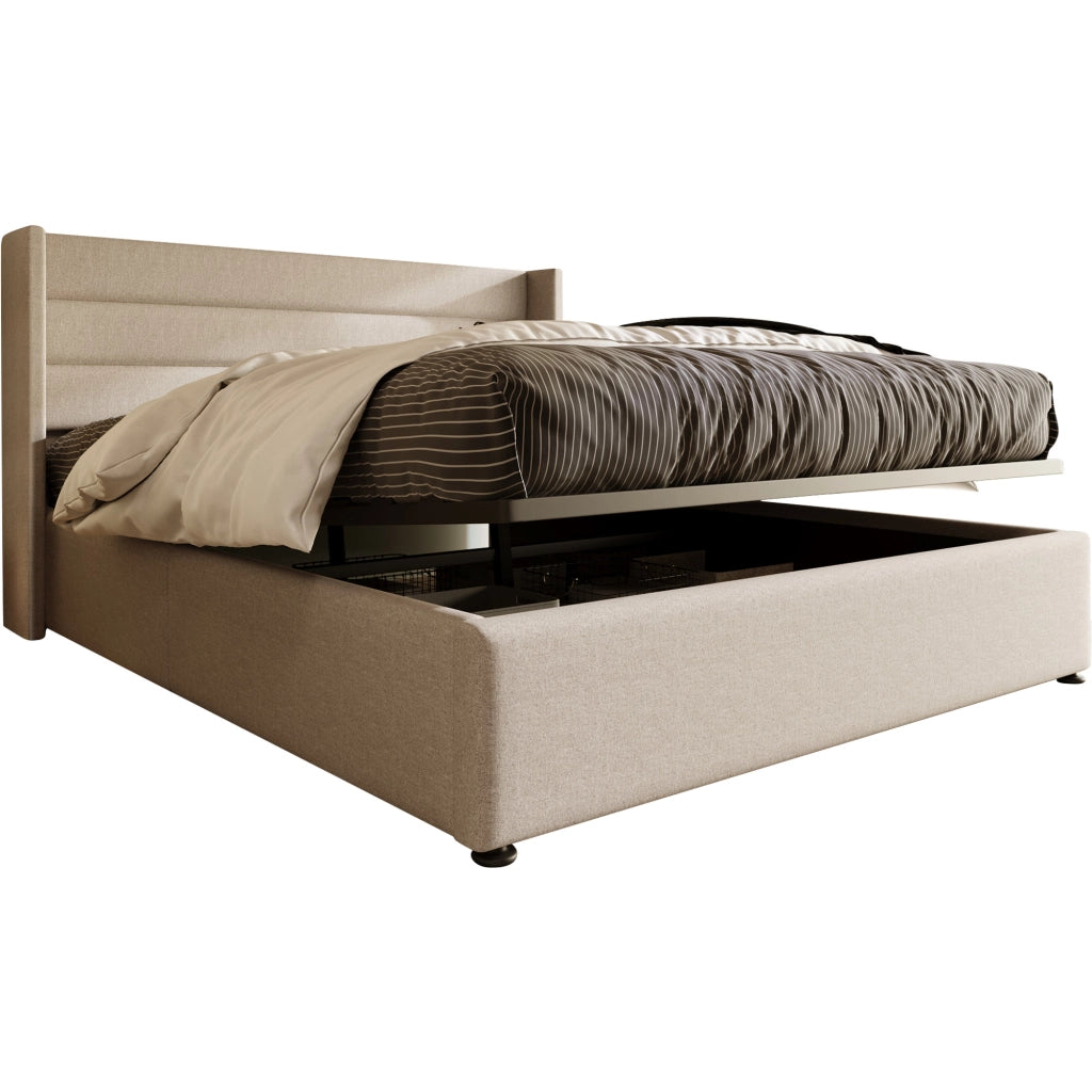 Letto Contenitore Imbottito Matrimoniale Idraulico ¨C MINIMAL ¨C Doghe in Legno, Tessuto, Beige, 180x200