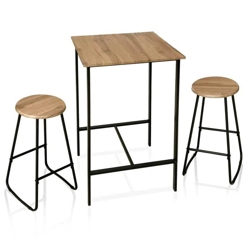 SET TAVOLO E 2 SGABELLI IN METALLO CON TOP E SEDUTE IN LEGNO NATURALE TAVOLO 60 X 60 X 100 CM, SGABELLI 30 X 64 CM