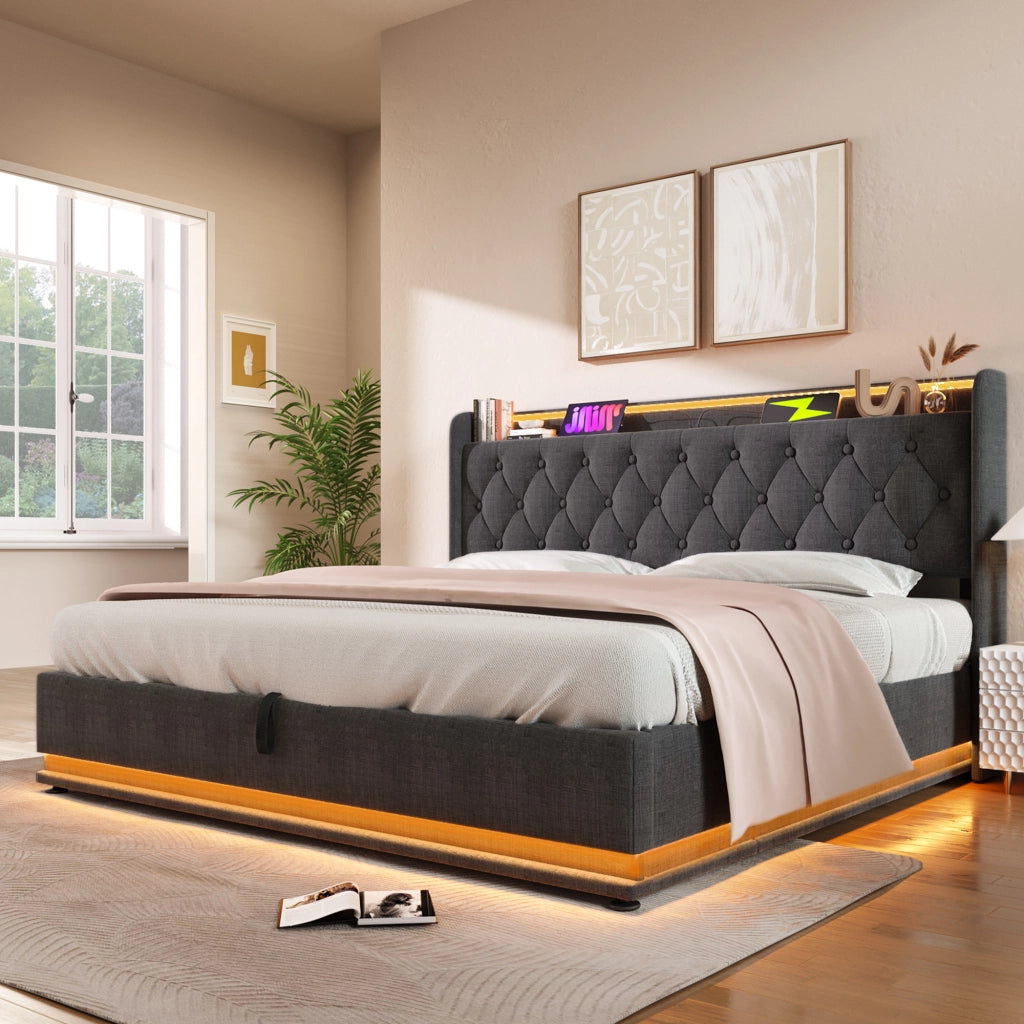 LETTO Contenitore 140x200 cm in lino grigio con LED e USB Type-C