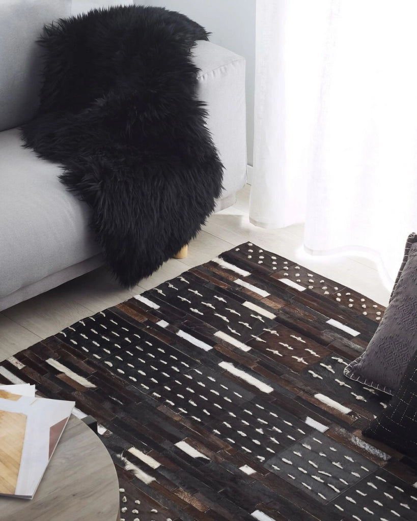 Tappeto in pelle marrone con spago di lana 160 x 230 cm patchwork rustico