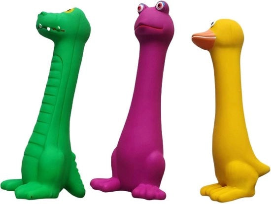 Giocattoli per cani interattivi, 3 pezzi, in latex morbido per piccoli cani, colore verde dinosauro, giallo anatra, viola rana.