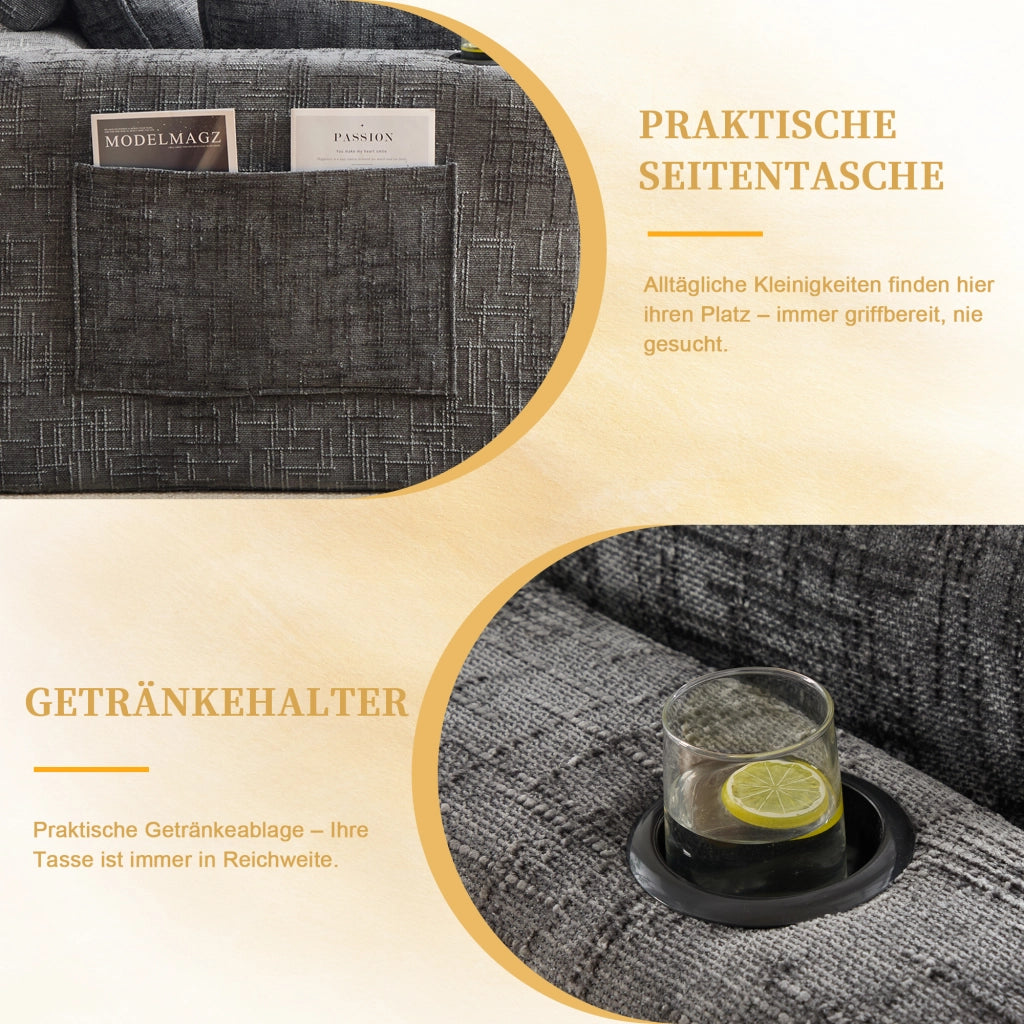 Divano 4 Posti con Poggiapiedi, Cuscini e Portabicchieri ¨C MINIMAL ¨C Grigio Chenille