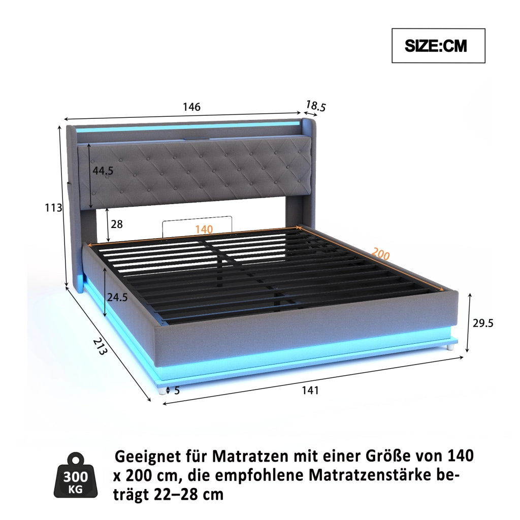 Letto imbottito LED 140x200 cm con USB e contenitore idraulico in tessuto grigio