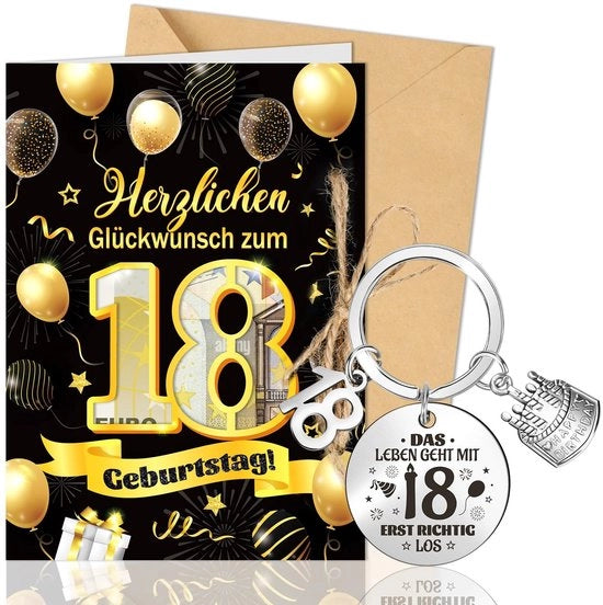 Carta di auguri per il diciottesimo compleanno - Set di cartoline - Regali - Chiave da parete - Buste - Amuleto di fortuna - Carta di auguri
