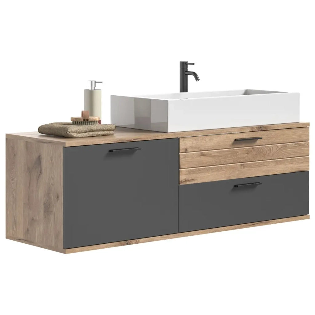 Mobile sotto lavabo 1 porta e 2 cassetti – Grigio antracite e rovere chiaro – SELMA
