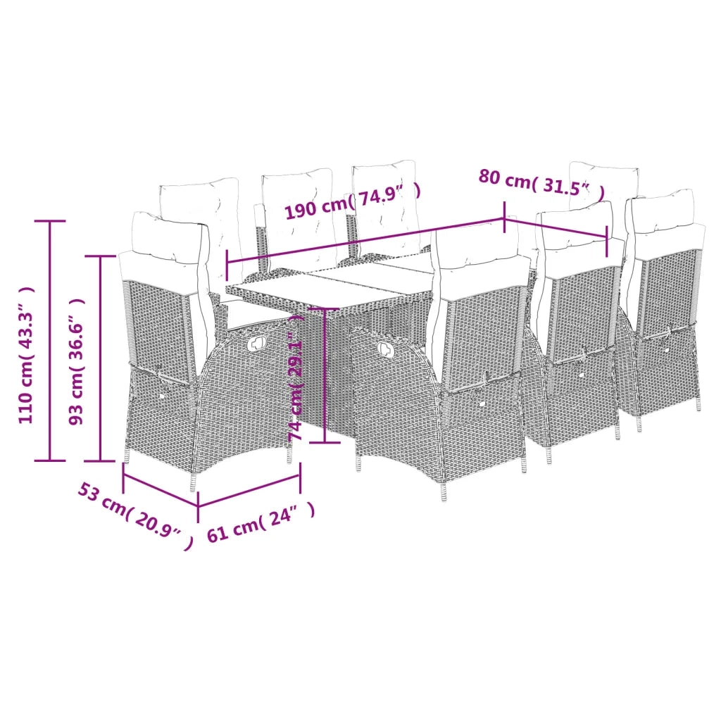 Set da Pranzo da Giardino 9 pz con Cuscini in Polyrattan Grigio 3213122