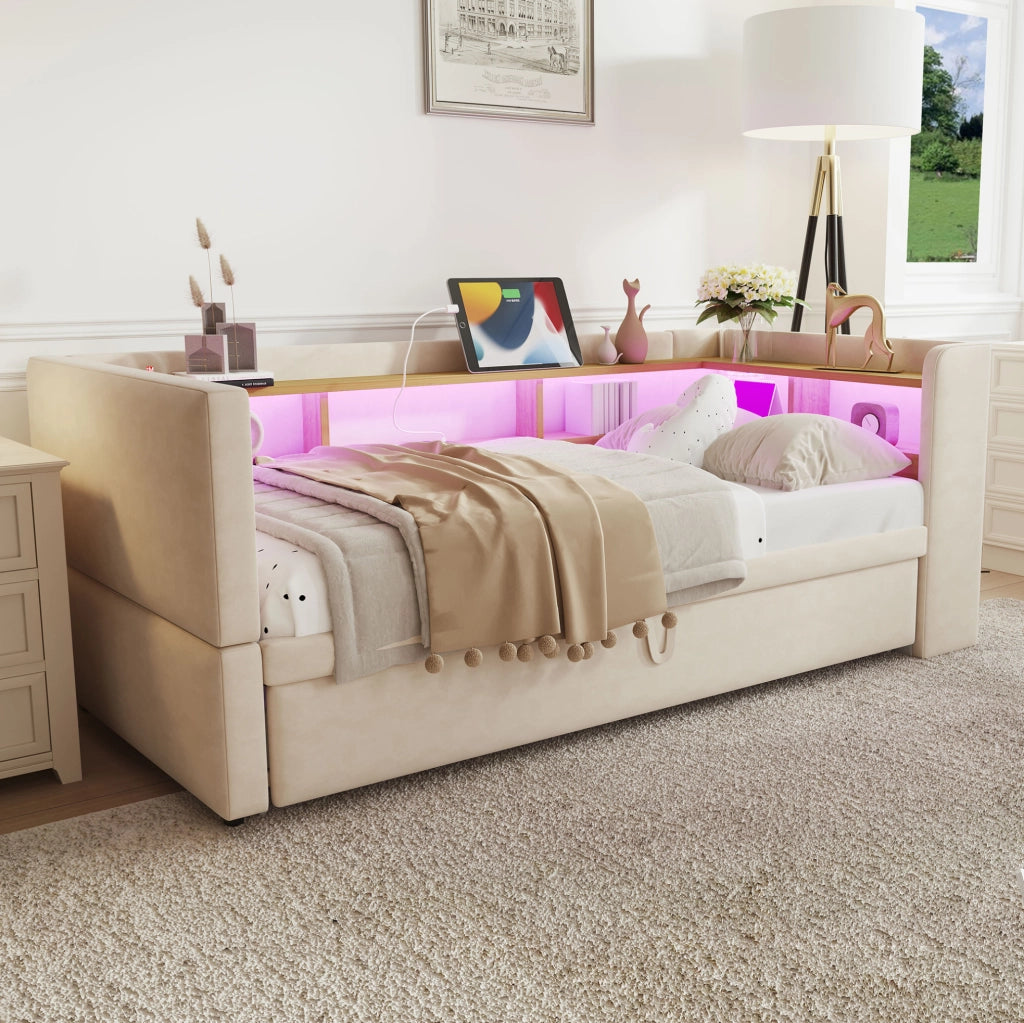 Divano letto imbottito multifunzione con vani contenitore, LED e prese integrate