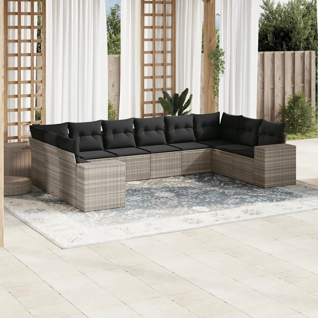 Set Divano Giardino 10 pz con Cuscini Grigio Chiaro Polyrattan