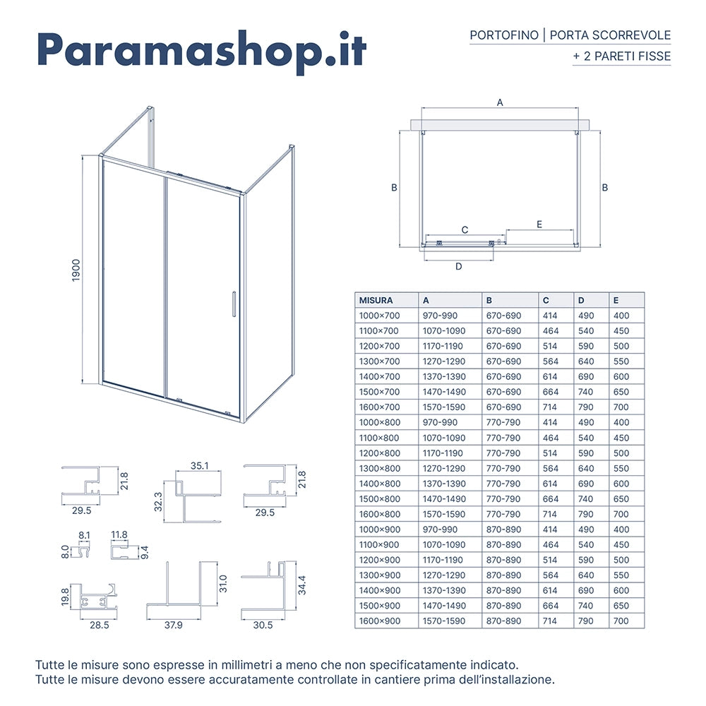 Box doccia tre lati 70x130x70cm con porta scorrevole profili nero opaco e vetro 6mm trasparente h190 | Portofino