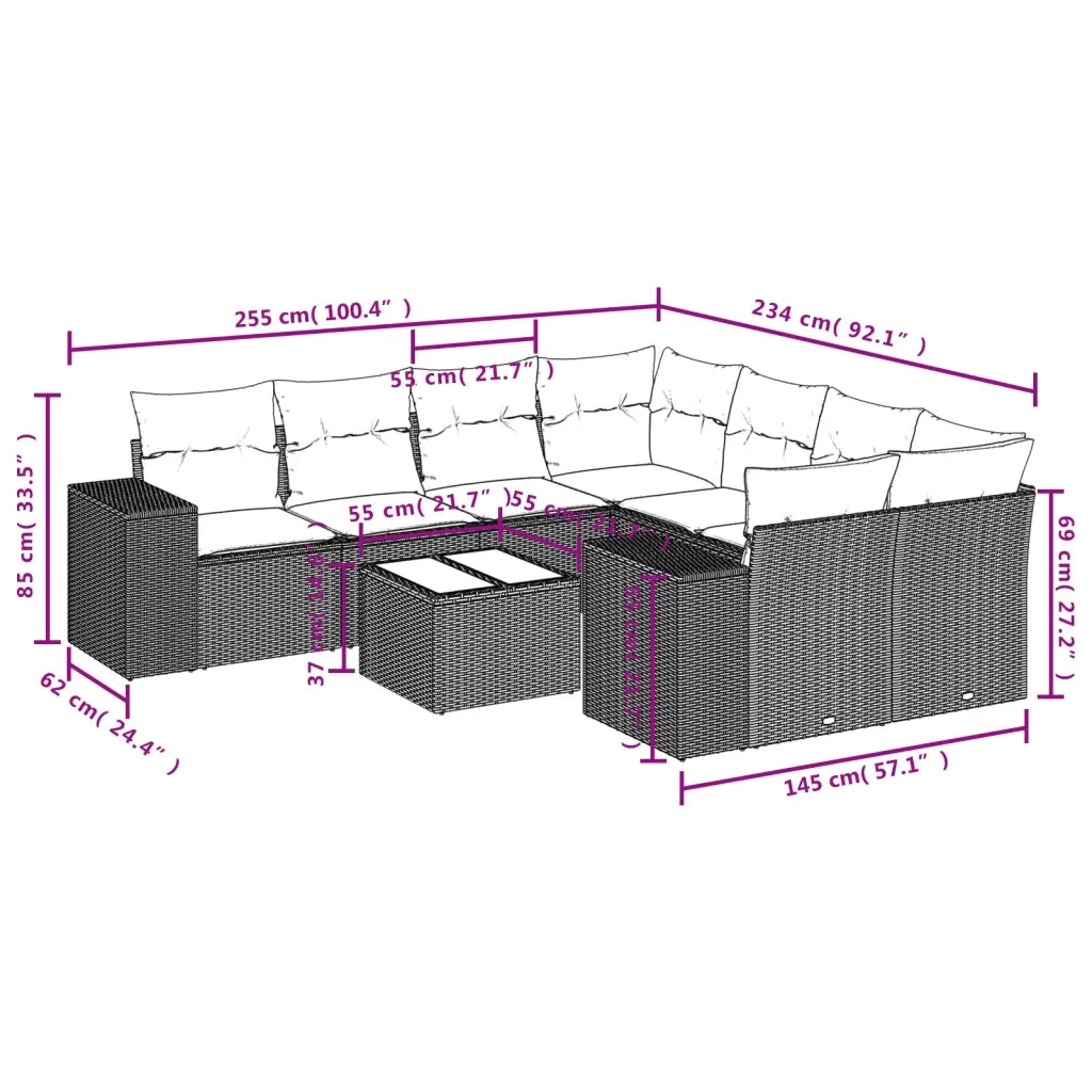 Set Divano da Giardino 9pz con Cuscini Grigio Chiaro Polyrattan 3254699
