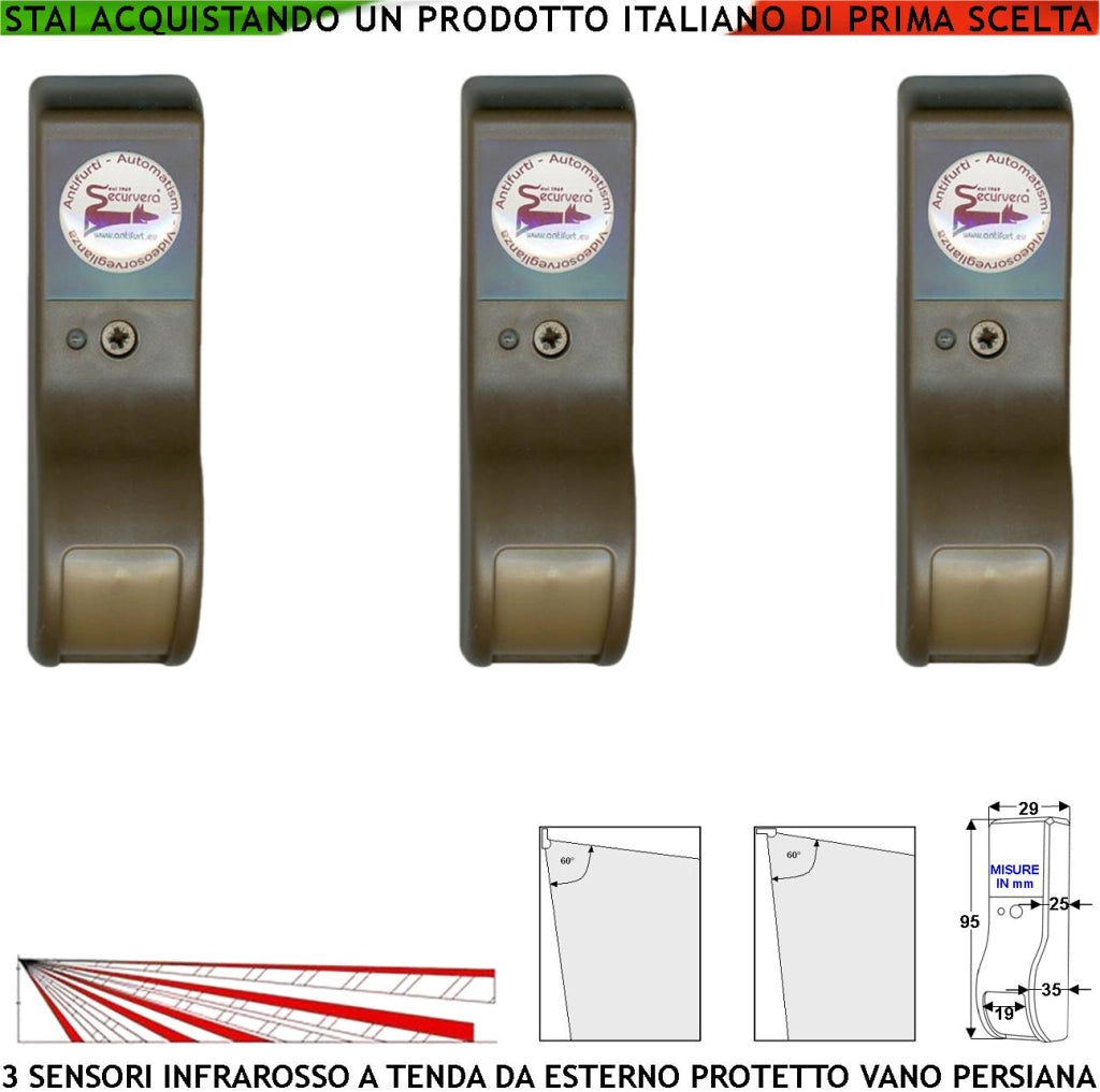 Infrarosso Dual Pir Tenda Esterno Protetto 3 Sensori Marroni Rilevano Intruso Inviano Allarme Portata 8 MT 60° Vert. 7° Orizont. Alimentazione 12 V Assor. 10 mA Antifurto Vano Persiana Cover ABS IP31