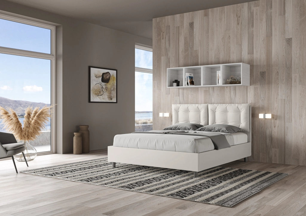 BS COM Letto matrimoniale con rete imbottito 160x190 similpelle bianco