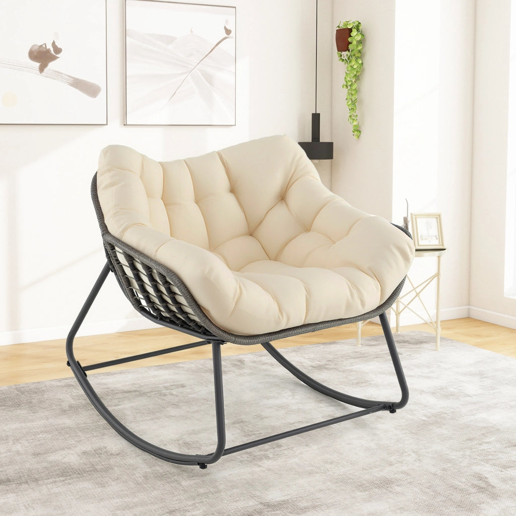 Sedia per relax in rattan per interno con struttura in metallo robusto, Sedia a dondolo da esterno Beige