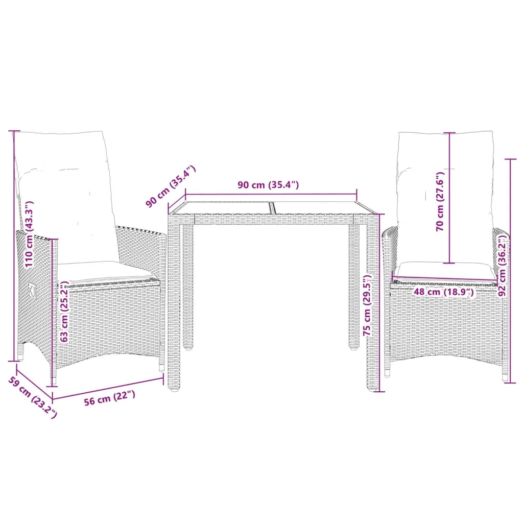 Set da Bistrò 3 pz con Cuscini Beige in Polyrattan