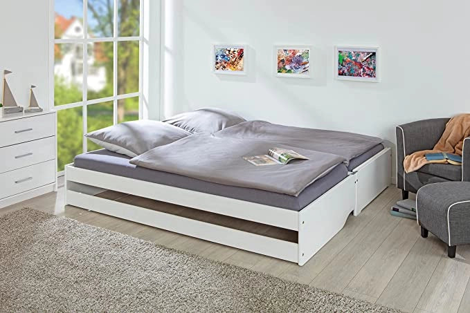 LETTO SINGOLO LOTAR 90X200 ESTRAIBILE E TRASFORMABILE IN 3 LETTI O MATRIMONIALE PINO TINTO BIANCO
