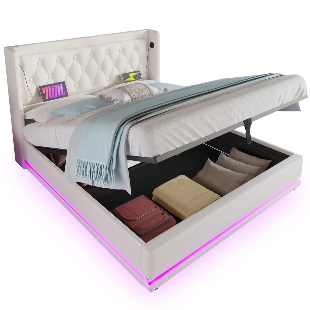 OKWISH Letto Contenitore 140×200 cm, Letto Matrimoniale con Contenitore, USB, Type C e LED Regolabile, senza Materasso, PU, Bianco