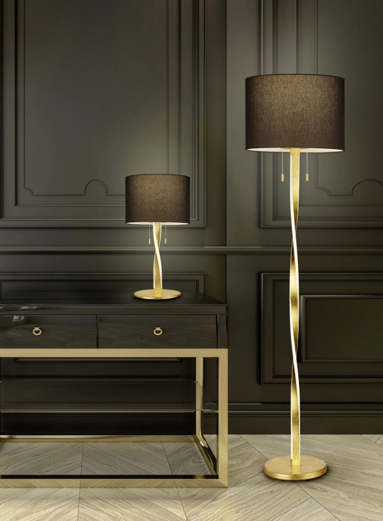 Piantana con paralume, metallo e tessuto, nero e oro, H 160 cm, Nandor