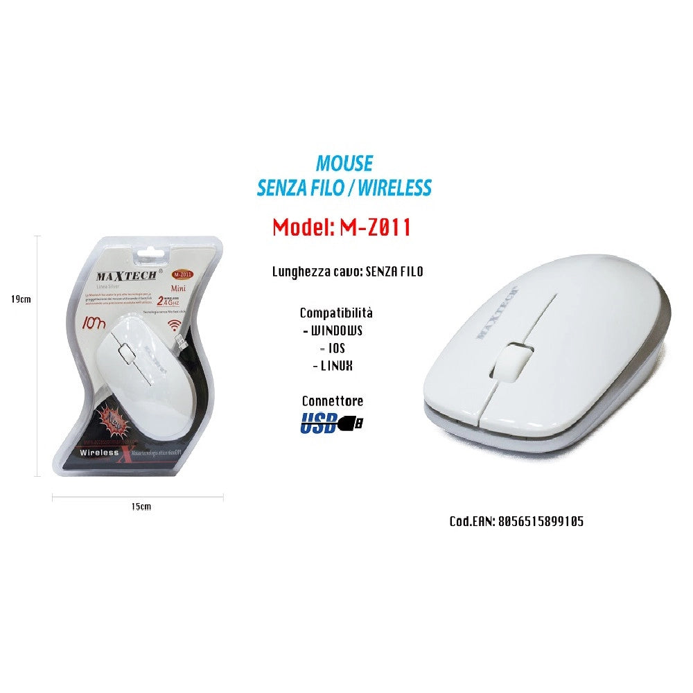 Trade Shop - Mouse Senza Fili Wifi 2.4 Ghz Per Computer Pc Notebook Wireless Maxtech M-z011 -
