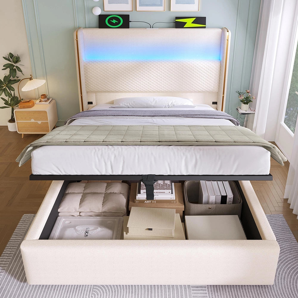 Letto 90x200cm?- Xylo - idraulico LED USB lino beige