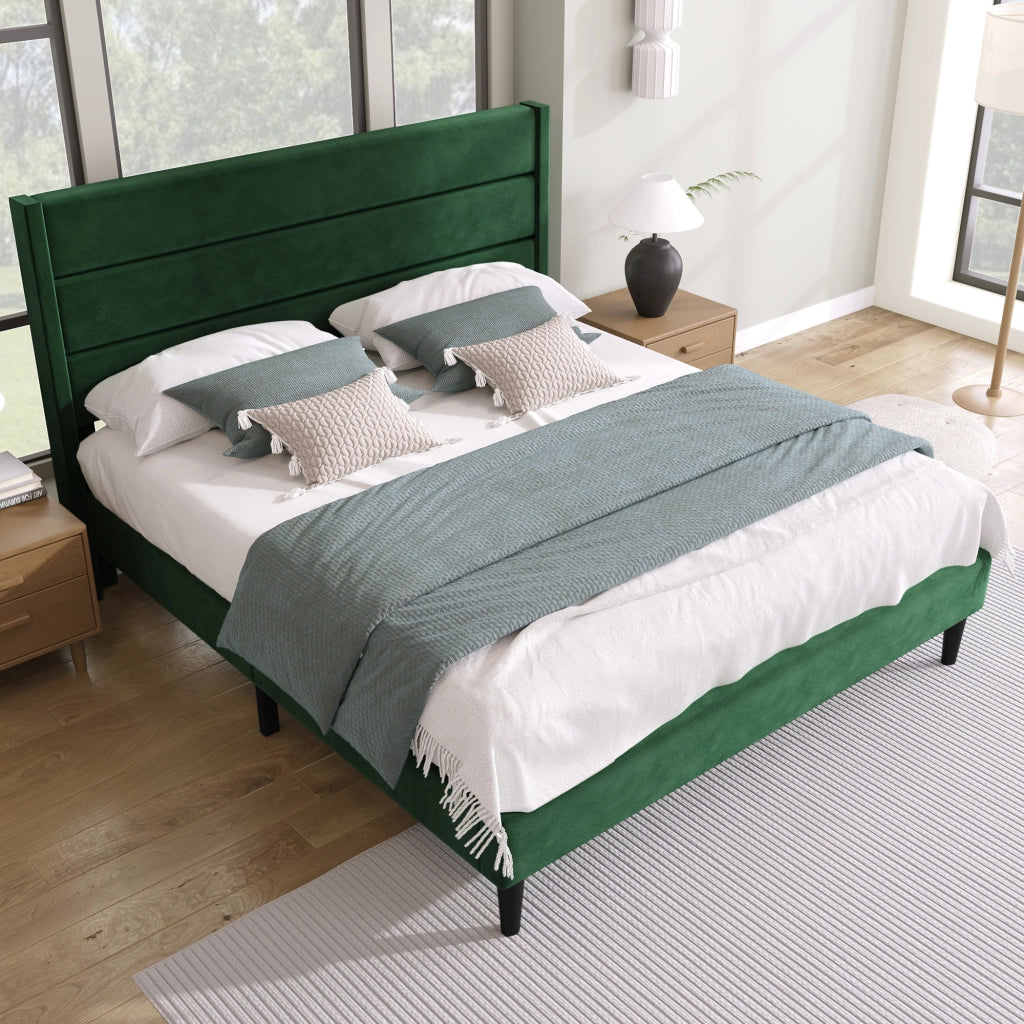 LETTO imbottito 140x200 cm in velluto verde con materasso incluso e rete a doghe