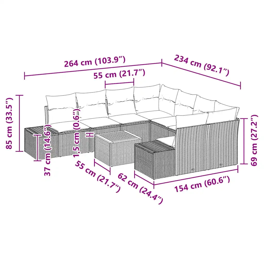 Set Divano da Giardino con cuscino 9 pcs Nero polyrattan 3347936