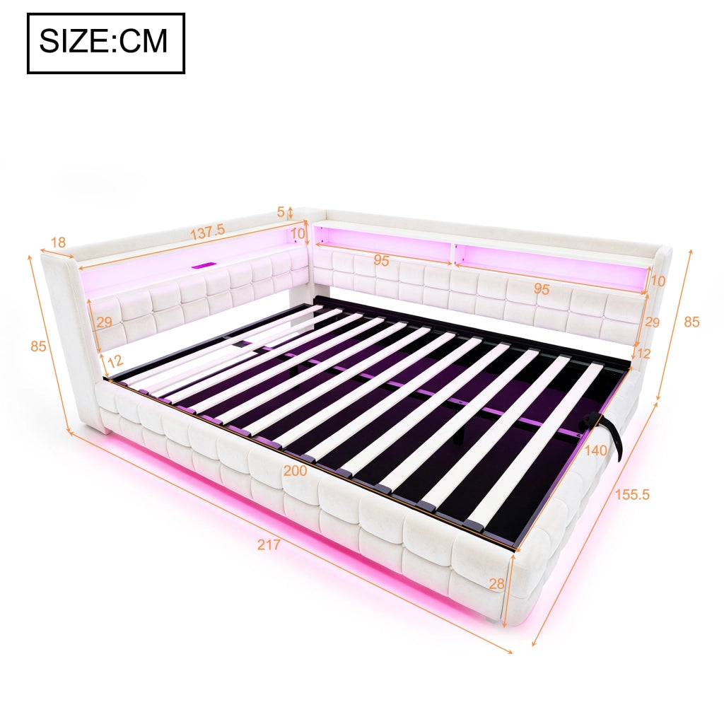 LETTO imbottito 140x200 cm Beige con contenitore idraulico, LED e prese USB-C