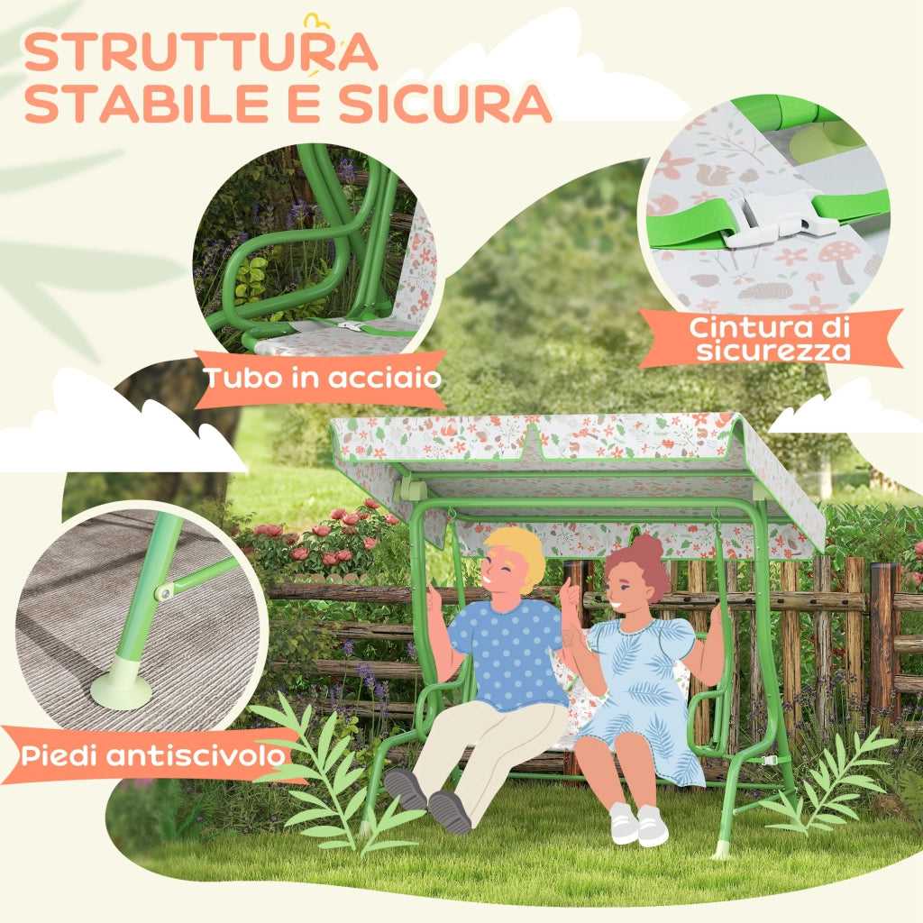 Dondolo per Bambini a 2 Posti con Tettuccio ¨C Xylo ¨C Verde, 112x75x120 cm