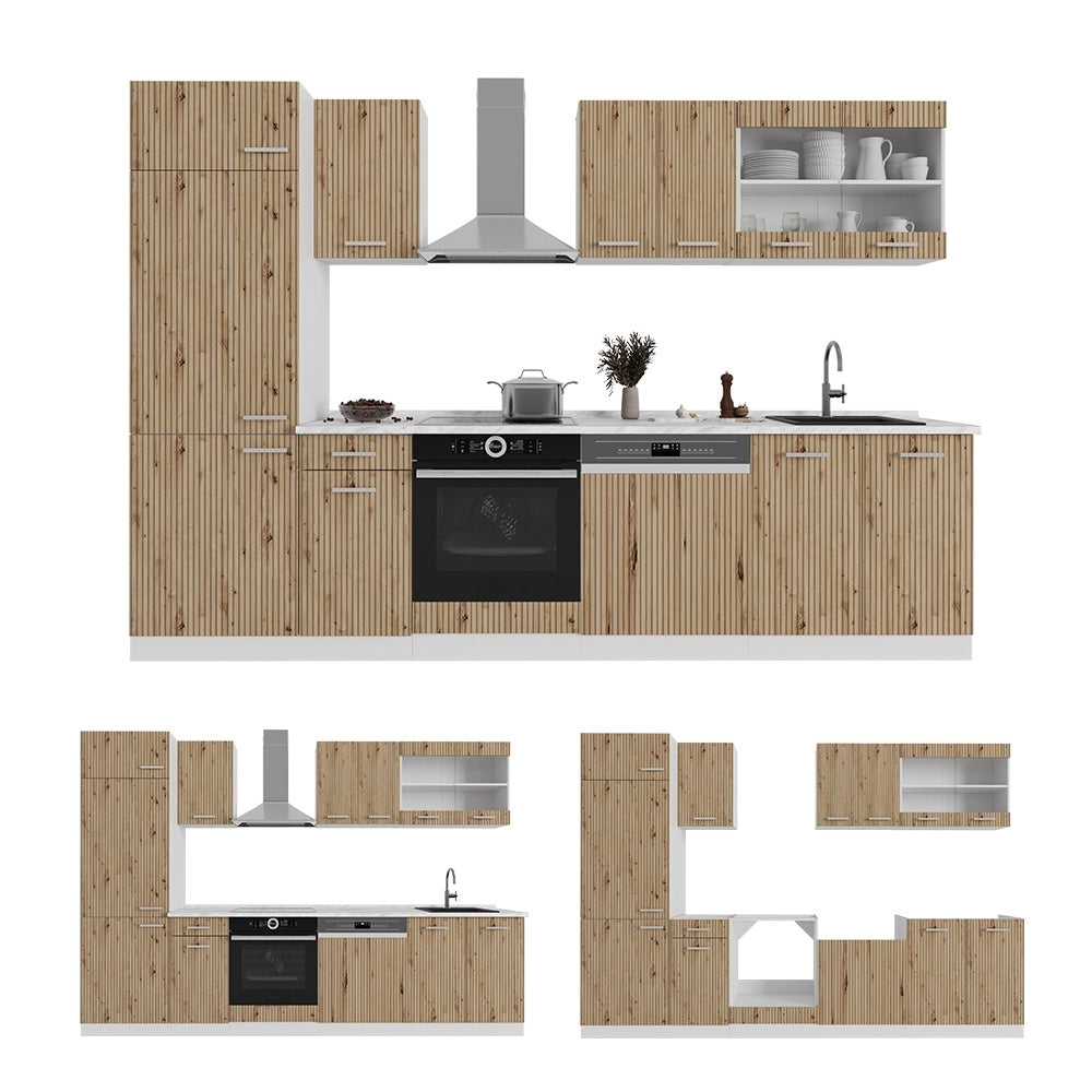 Cucina componibile R-Line Rovere artigianale/Bianco 300 cm, PL Marmo Vicco