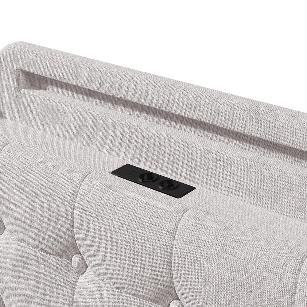 Letto-Xylo-140x200 cm-LED, USB-C, scomparti, lino beige