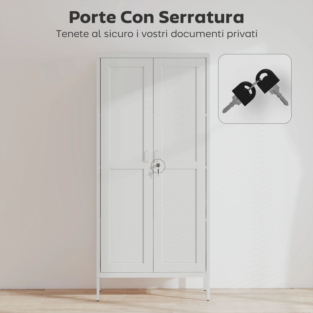 Armadio per Ufficio in Acciaio a 3 Ripiani Regolabili con Serratura e 2 Chiavi, 80x40x175 cm, Bianco