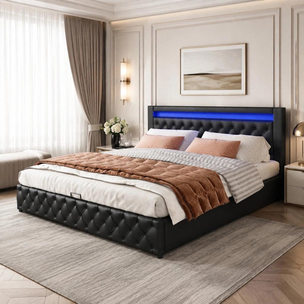 LETTO Imbottito 160x200 cm Nero in PU con LED e rete a doghe