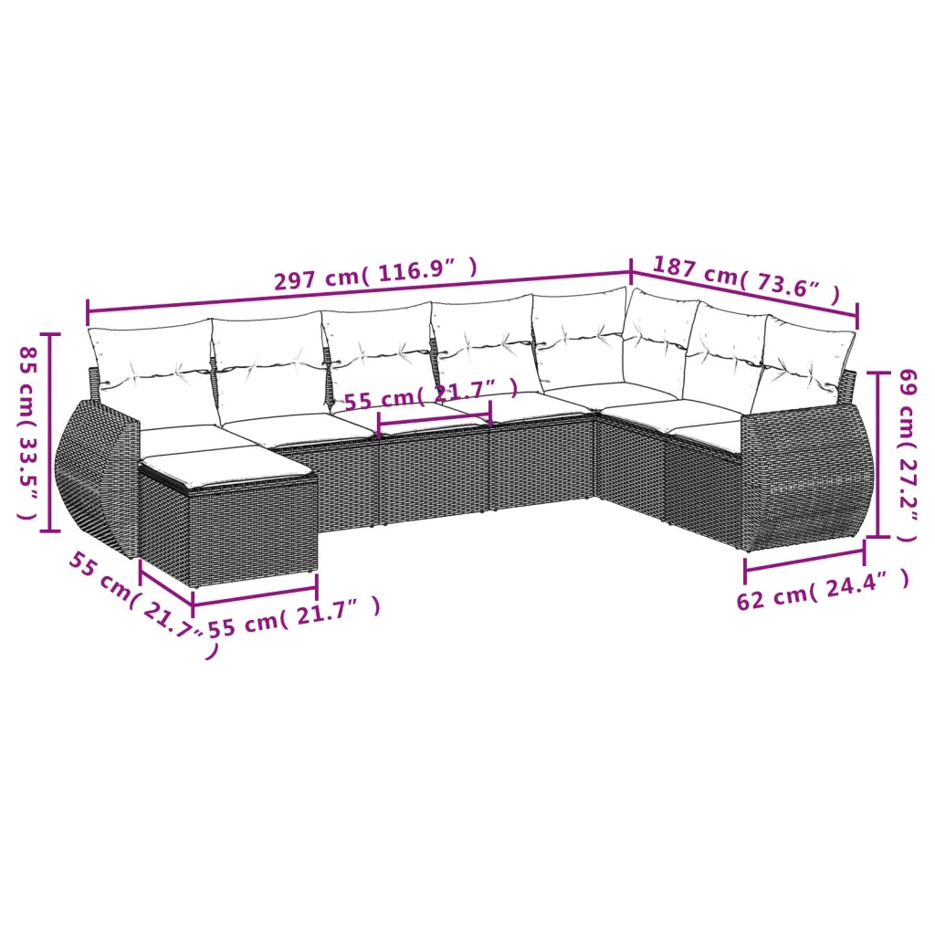 Set Divano da Giardino 9 pz con Cuscini Beige in Polyrattan