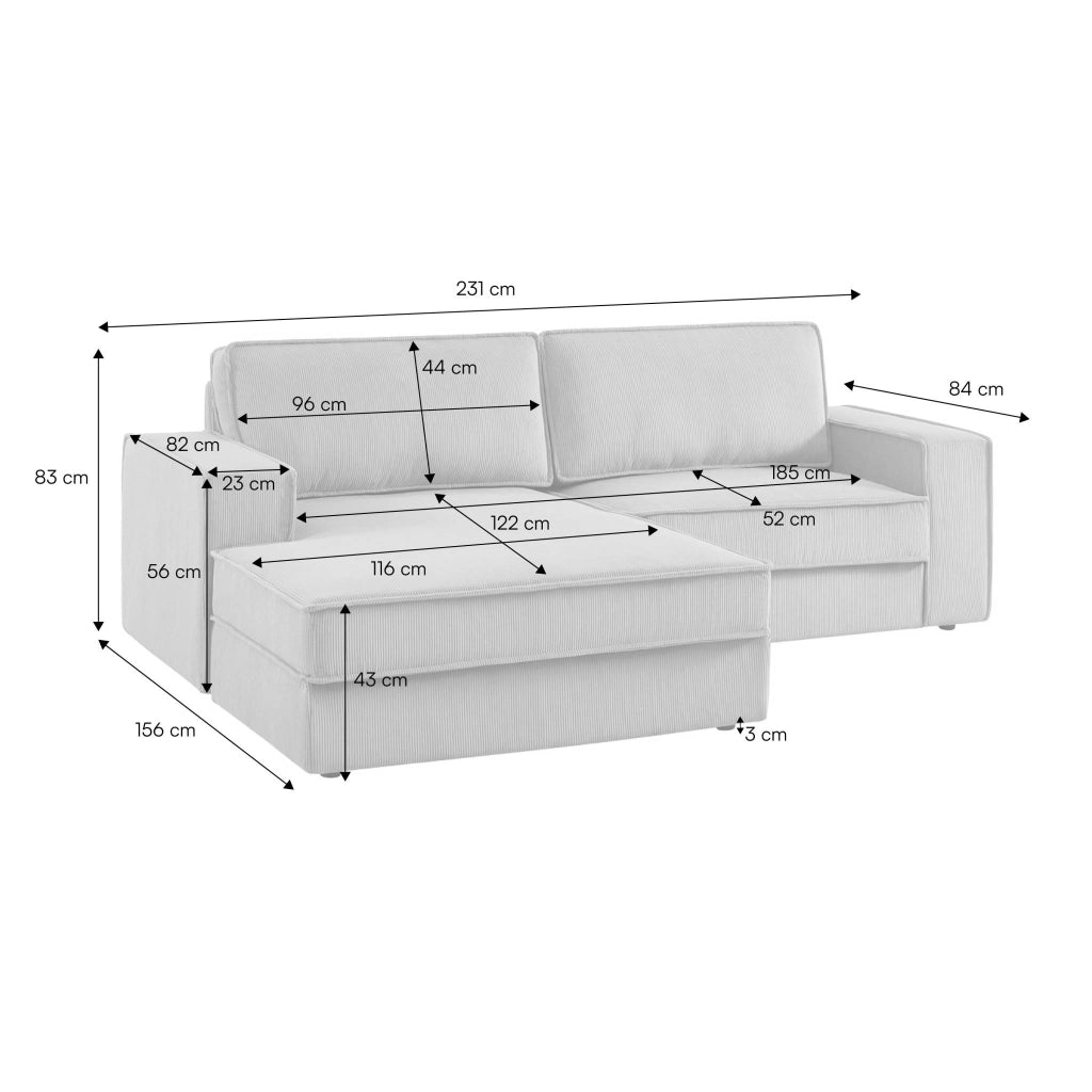 Divano angolare sinistro in velluto a coste, 3 posti, beige