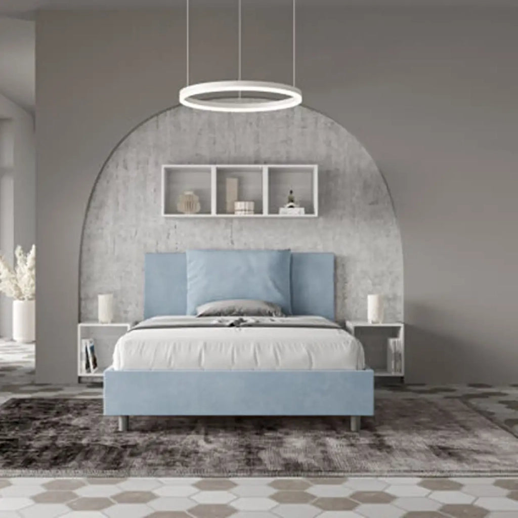 Letto matrimoniale francese senza rete imbottito 140x200 microfibra azzurro Antea