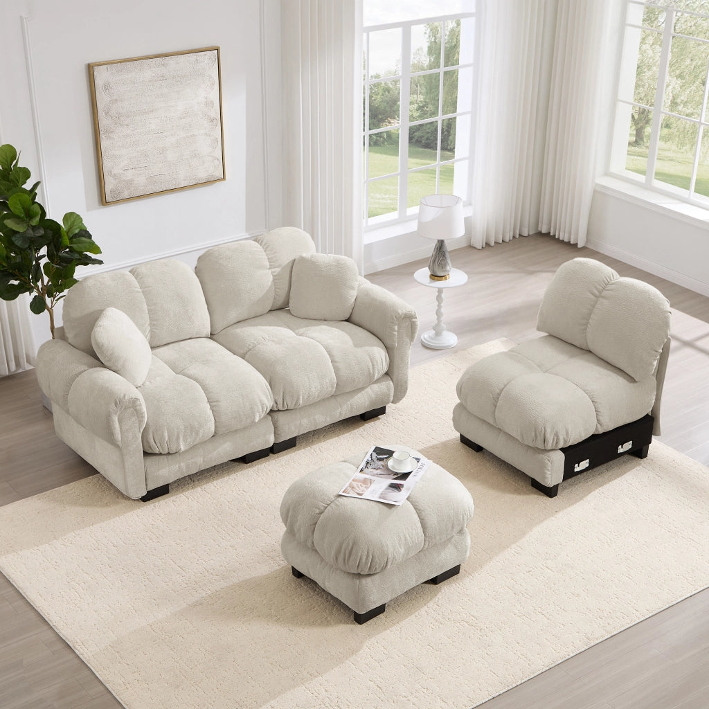 Divano angolare 3 posti modulare con pouf mobile e cuscino, in Ciniglia, Beige chiaro